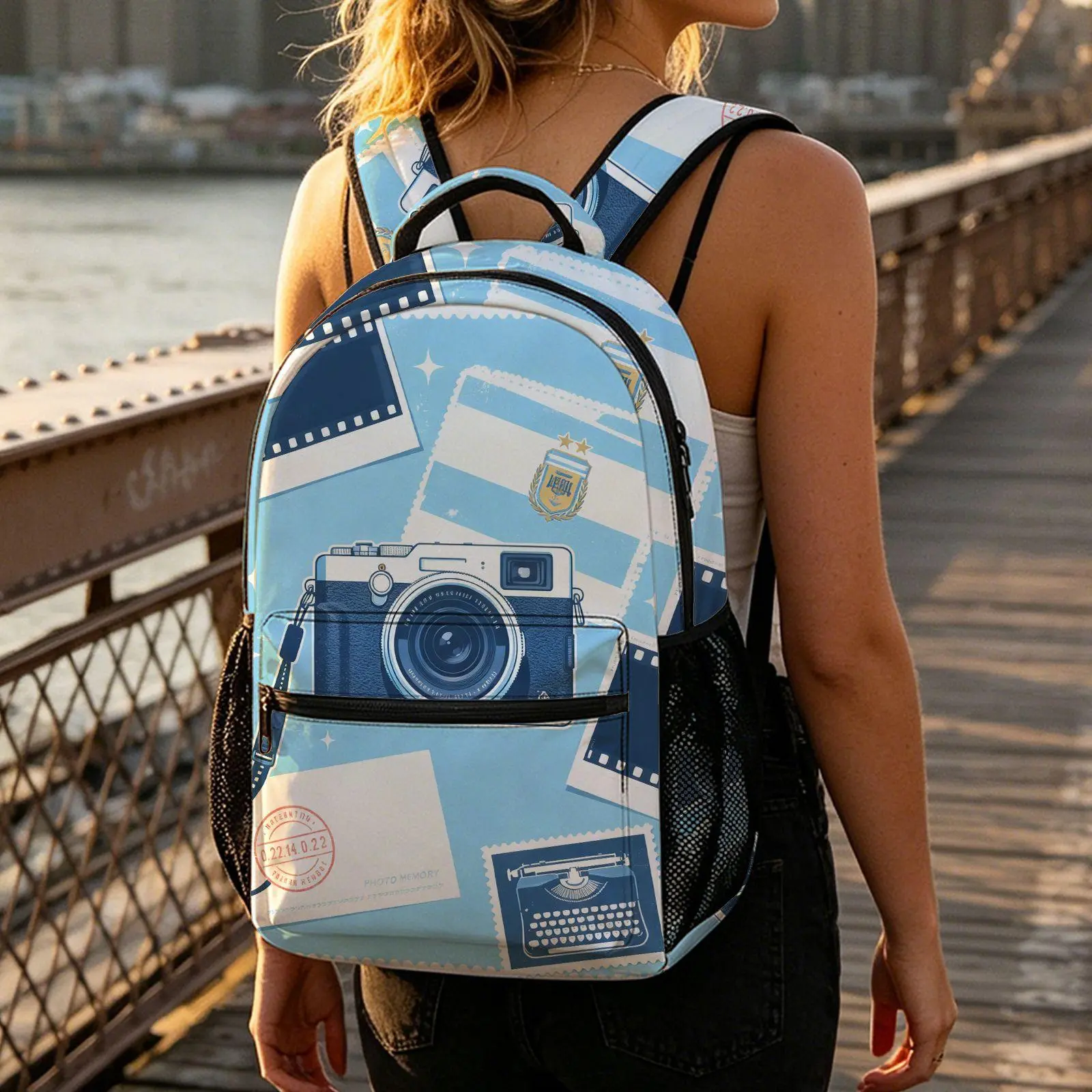 Retro Style Backpack, 17 Inch Backpack, Vintage Camera And Argentina Flag Pattern, 3D Design Lightweight Commuter Bag, For Students And Travelers,