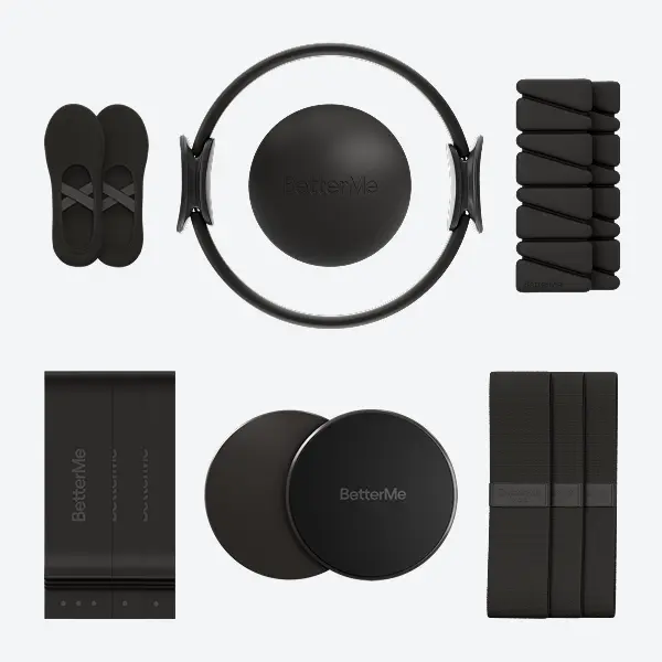 BetterMe Black Home Pilates Studio Kit - 7-Piece Resistance Set for Home Workouts, Including Ring, Sliders, Workout Bands, Ball & Socks, Resistance Sets, Seven Pieces