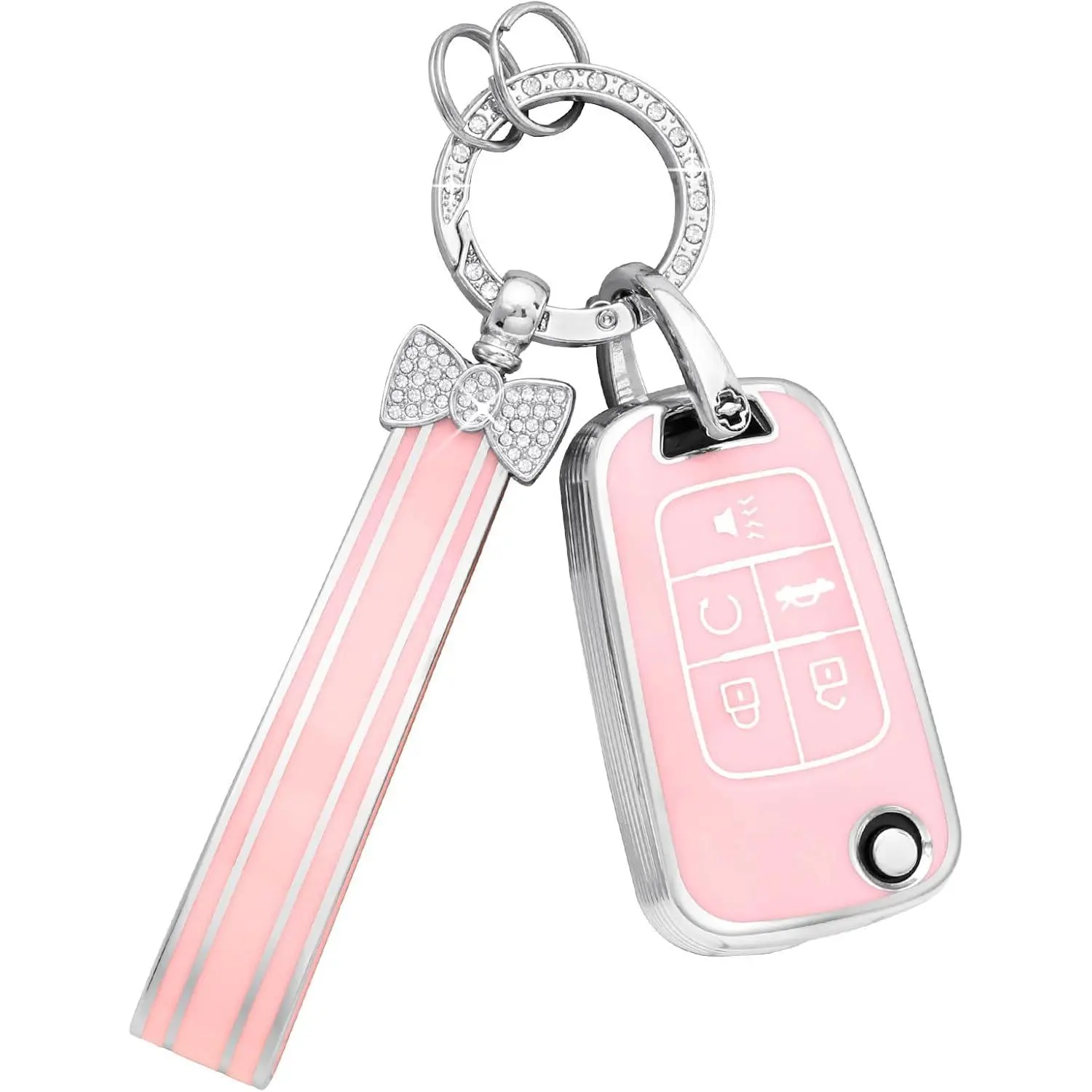 Key Fob Cover for Chevy 5 Button Malibu Equinox Camaro Cruze Trax Impala Sonic Pink Car Keys Case Shell Protector Bling Keychain Full Cover Accessories Cute Girly Women TPU