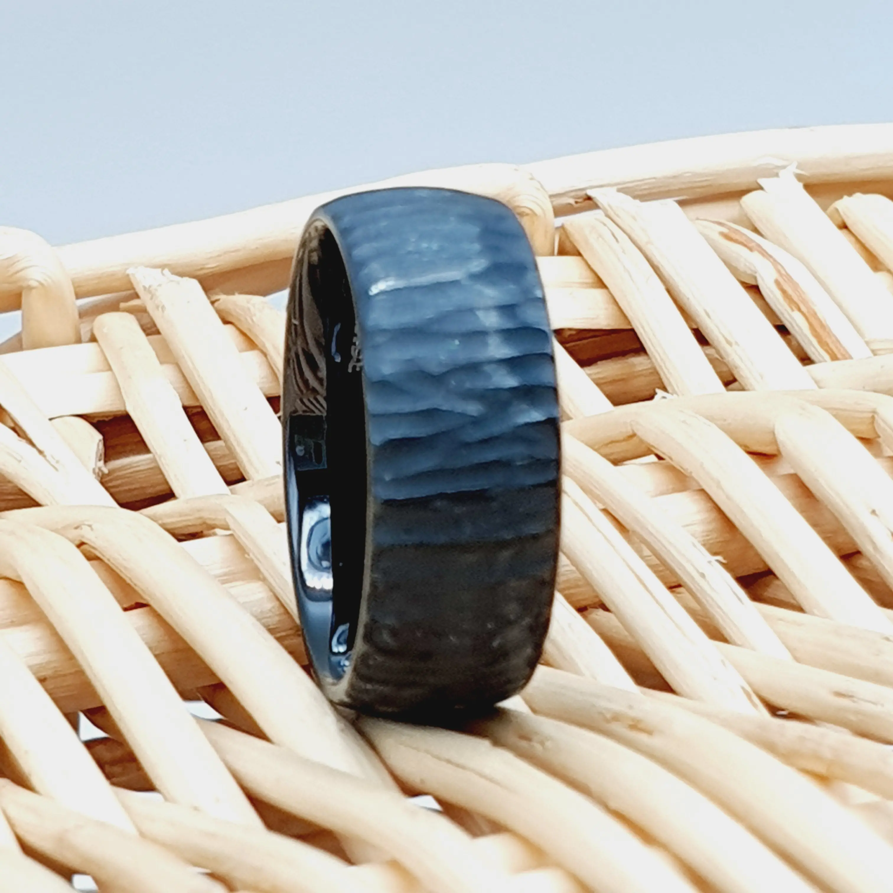 Custom  Personalized Tungsten Wedding Band for Men and Women, 8MM Black Semi Domed Ring with Tree Bark Carved Textured Finish