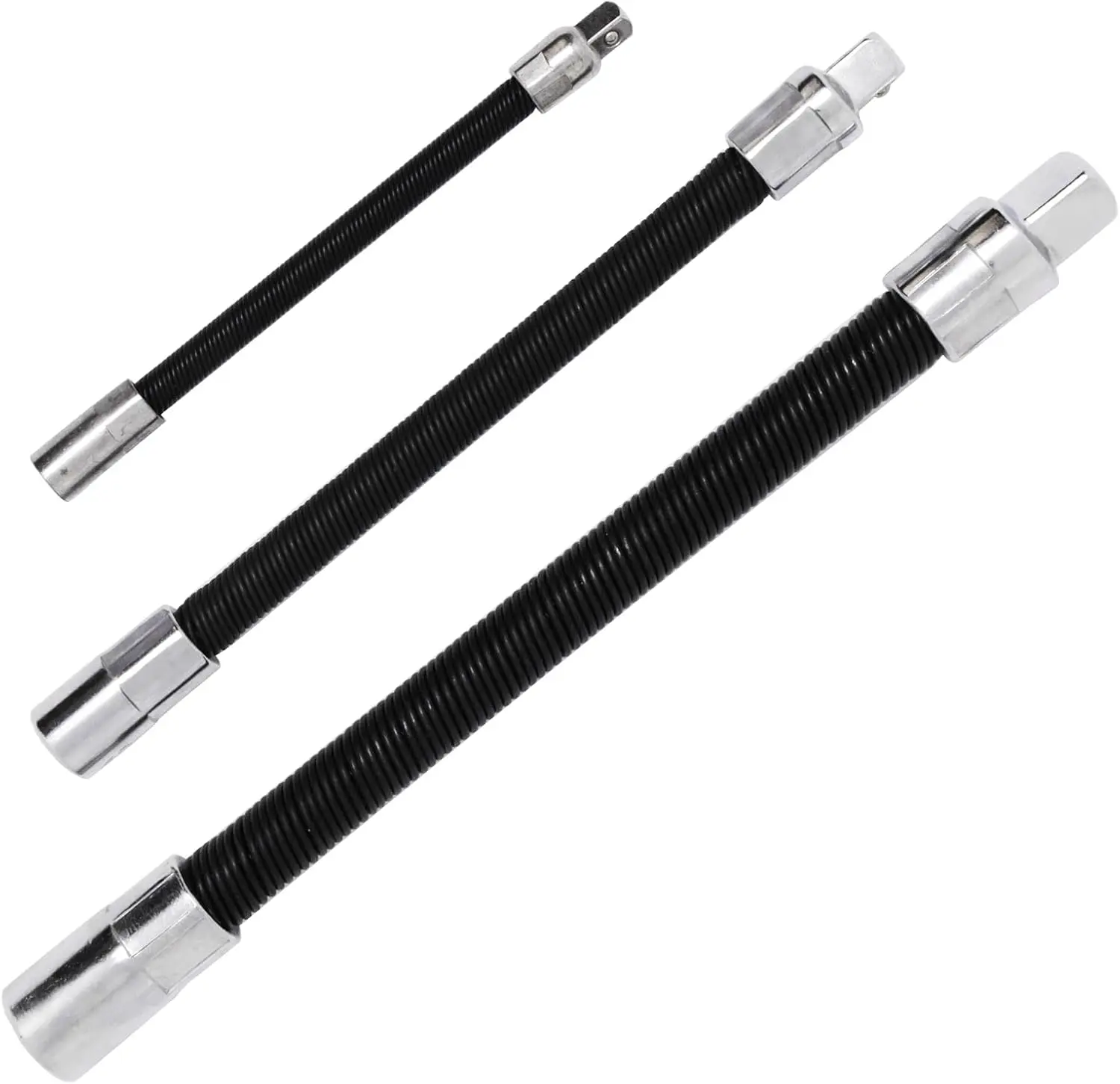 Flexible Extension Bar Set, 1/2", 3/8", 1/4" Black Flexible Socket Wrench Extension Drive Socket Driver Handle 3Pcs (1/2" Dr x 10" Long, 3/8" Dr x 8" Long, 1/4" Dr x 6" Long)