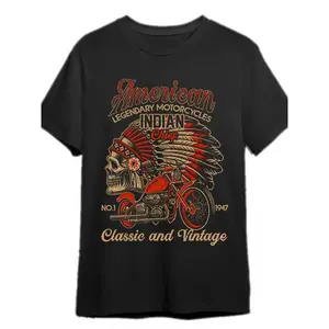100% cotton, retro American motorcycle Indian T-shirt, fun men's short sleeved exquisite pattern print, round neck high street pure cotton short sleeved T-shirt, trendy pattern T-shirt, printed T-shirt, high-end pure cotton T-shirt
