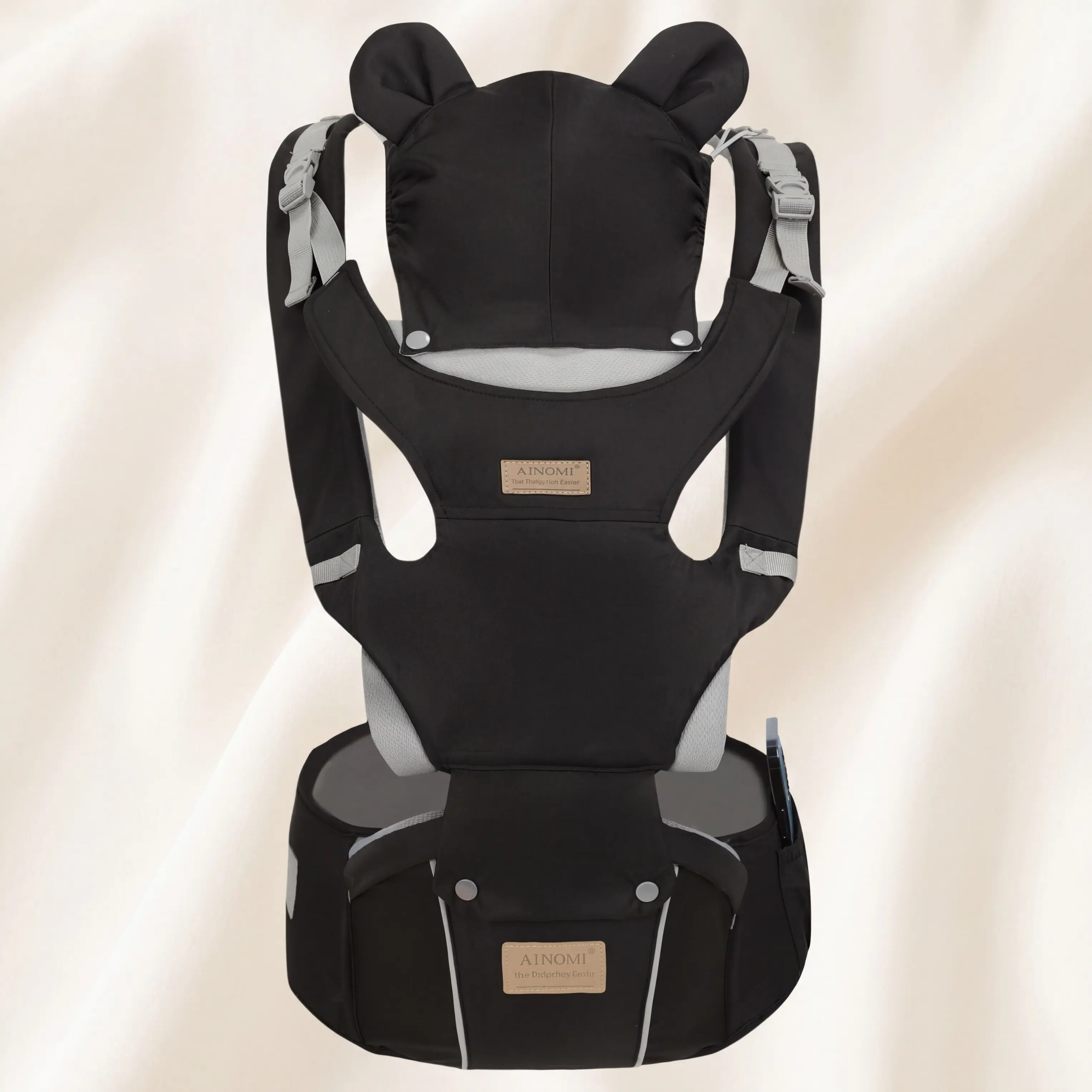 Unisex Ergonomic Bear Hood Baby Carrier with Integrated Hip Seat, Wide Padded Front Sling, Breathable Fabric, Adjustable Size, Portable Multifunction Buttons & Logos Hands-Free Holder, 5-in-1/6-in-1 for Outdoor Hiking & Daily Walks