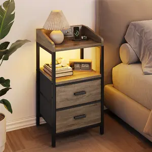 Nightstand with Charging Station Modern Bedside End Table 2 Fabric Drawers USB Ports AC Outlets Guardrail Storage Shelf 40x30x66cm Chipboard Alloy Steel Anti-Tilt Device