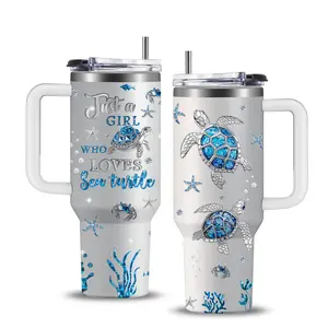 Sea Turtle Tumbler Gift for Women and Men - 40oz Tumbler with Straw & Handle, Stainless Steel Insulated Vacuum, Water Bottle with Turtle & Marine Life Design, Best Gift for Birthday and Christmas