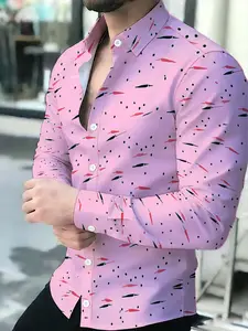 Men's Pink Printed Long Sleeve Shirt, Business Casual Fashion Style, Simple Slim Fit Design
