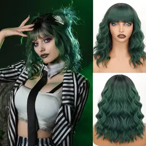 Ombre Green Wigs with Bangs for Women Short Bob Synthetic Wigs Shoulder Length Wavy Heat Resistant Hair for Daily Party Use