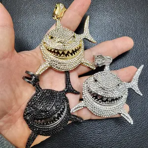 MaxBling81 70x60mm Large Shark Iced Bling Cubic Zirconia Charm Pendant, Unisex Hip Hop Style Rapper's Bling Jewelry, Available in Gold-Silver-Black