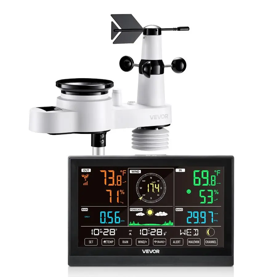 【Summerfinds】 VEVOR 5-in-1 Wireless Weather Station with Wireless Sync, 7.5-Inch VA Display, Solar Powered Outdoor Sensor, Rain Gauge for Indoor/Outdoor Forecasting, Temperature, Humidity, Wind Speed & Direction (No WiFi)