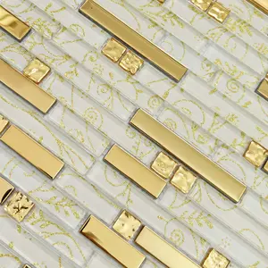Glass and Metal Linear Mosaic Bathroom Wall Tile Gold White Shiny Kitchen Backsplash Shower Tiles