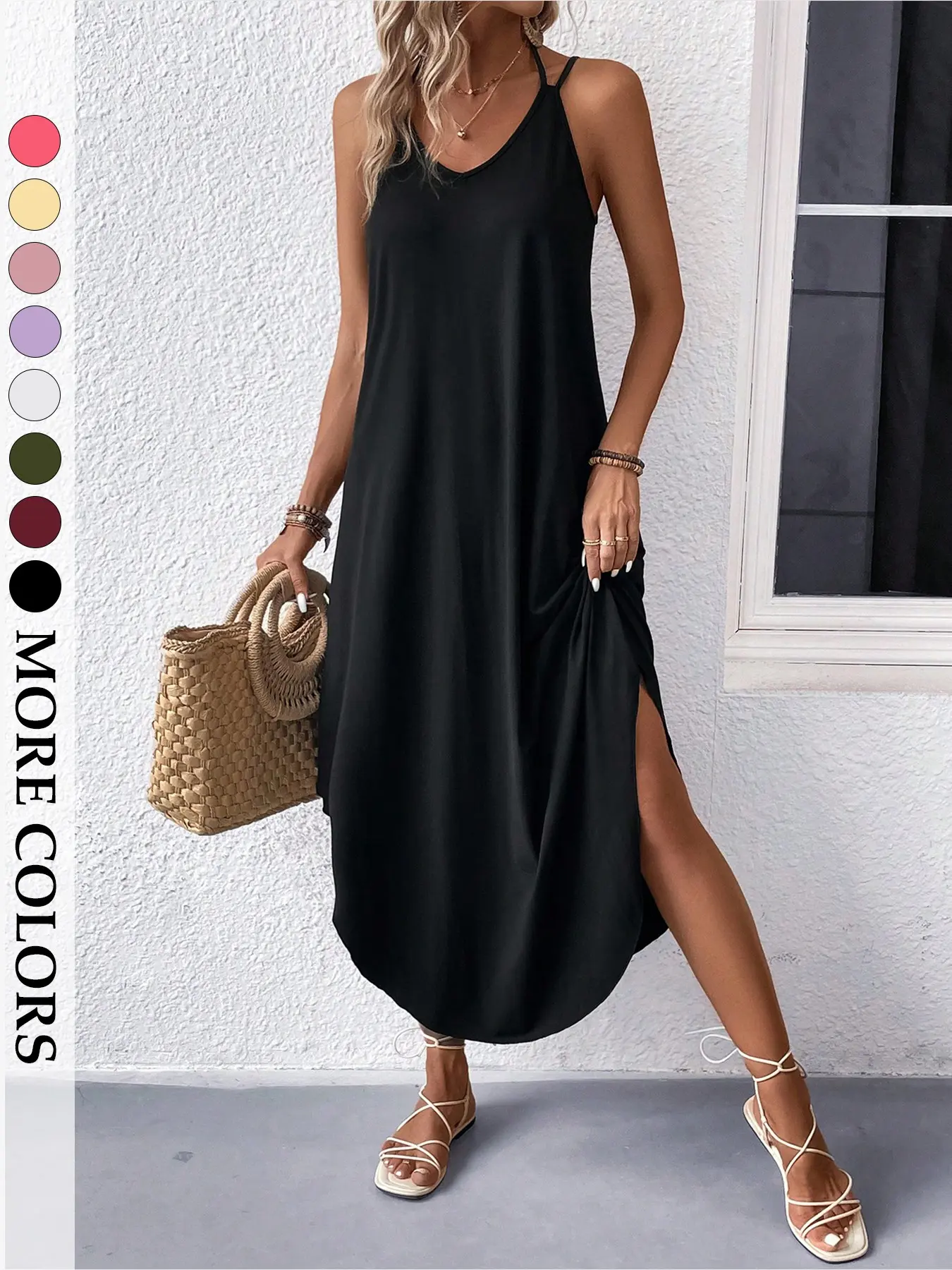 Women's Casual High Stretch Knitted Maxi Dress Tummy Control Beach Vacation Halter V-Neck Side Slit Flowy Loose Fit Solid Color Sleeveless Summer Sundress Swimwear Cover Up Lounge Daily Slip Dresses Boho Soft Elegance Plus Size Friendly All Season Viral