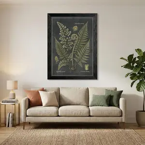 Framed Canvas Wall Art - Botanical Illustration of Polystichum Manium and Crossoptilum Vernatum in Black Frame
