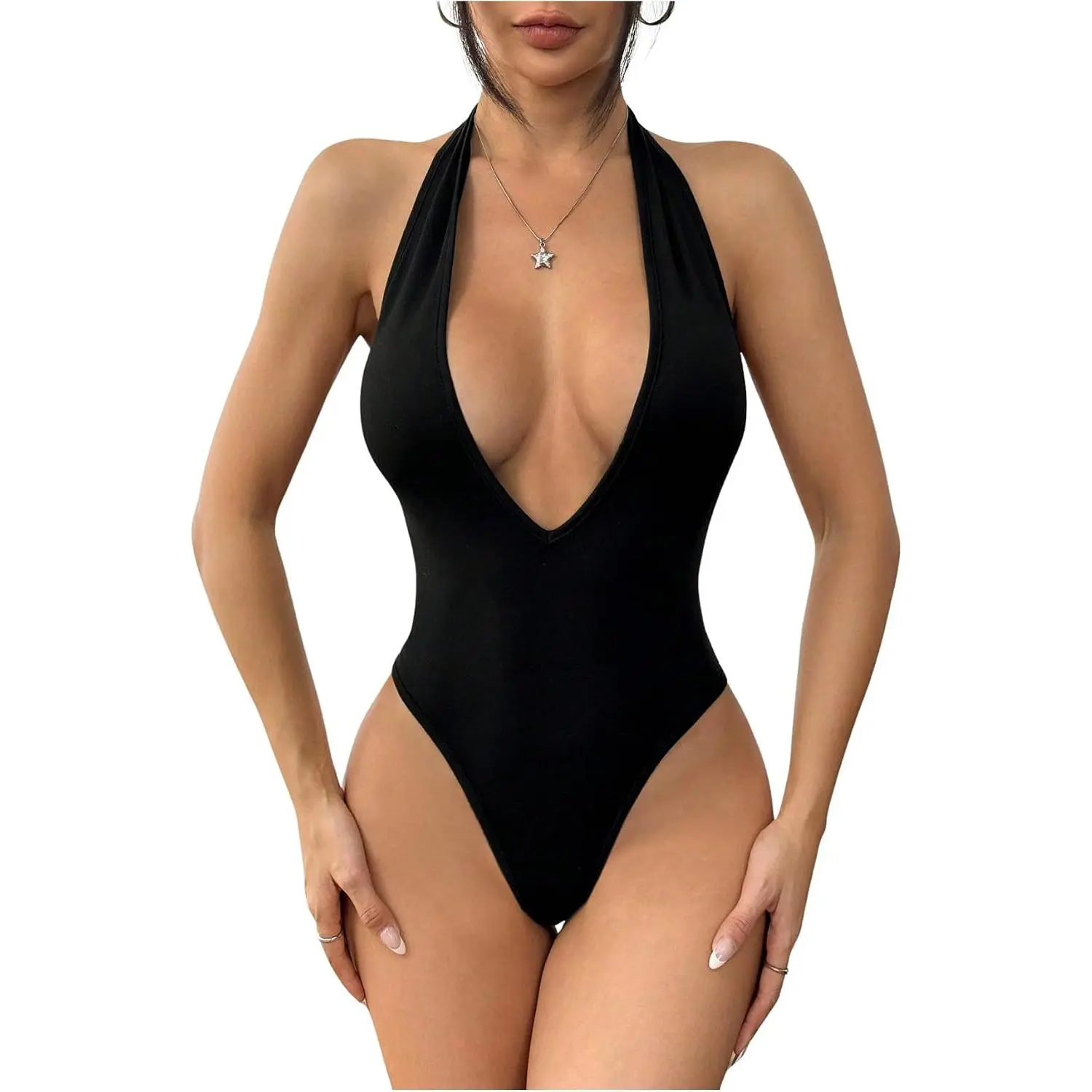Women's Halter Backless Shapewear Bodysuits Deep V Neck Tops Leotard