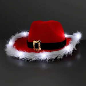 Light Up LED Red and White Santa Claus Christmas Cowboy Hat with White Fur Trim & Bright White Lights One Size Fits Most