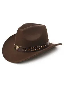 Unisex Western Cowboy Hat, Faux Suede Texture Wide Brim, Bull Head Rivet Decoration, Vintage Sun Hat for Parties, Travel, Outdoor Activities, Premium Hat