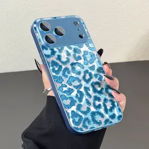 Blue leopard print gradient shiny pattern, metallic paint glass phone case, anti drop and anti fingerprint, skin friendly feel, suitable for iPhone 17, 16, 15, 14, 13, 12, 11 and other series models, can be given as a gift to friends or family