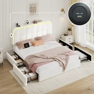 【Spring Glow Up】VelVet Upholstered Platform Bed Frame whit 4 Drawers and Adjustable Headboard,Twin Bed Frame with 2 Drawers, Bed Frame with LED Lights,Built in Charging Station,No Box Spring Needed No Mattress,Grey White Pink