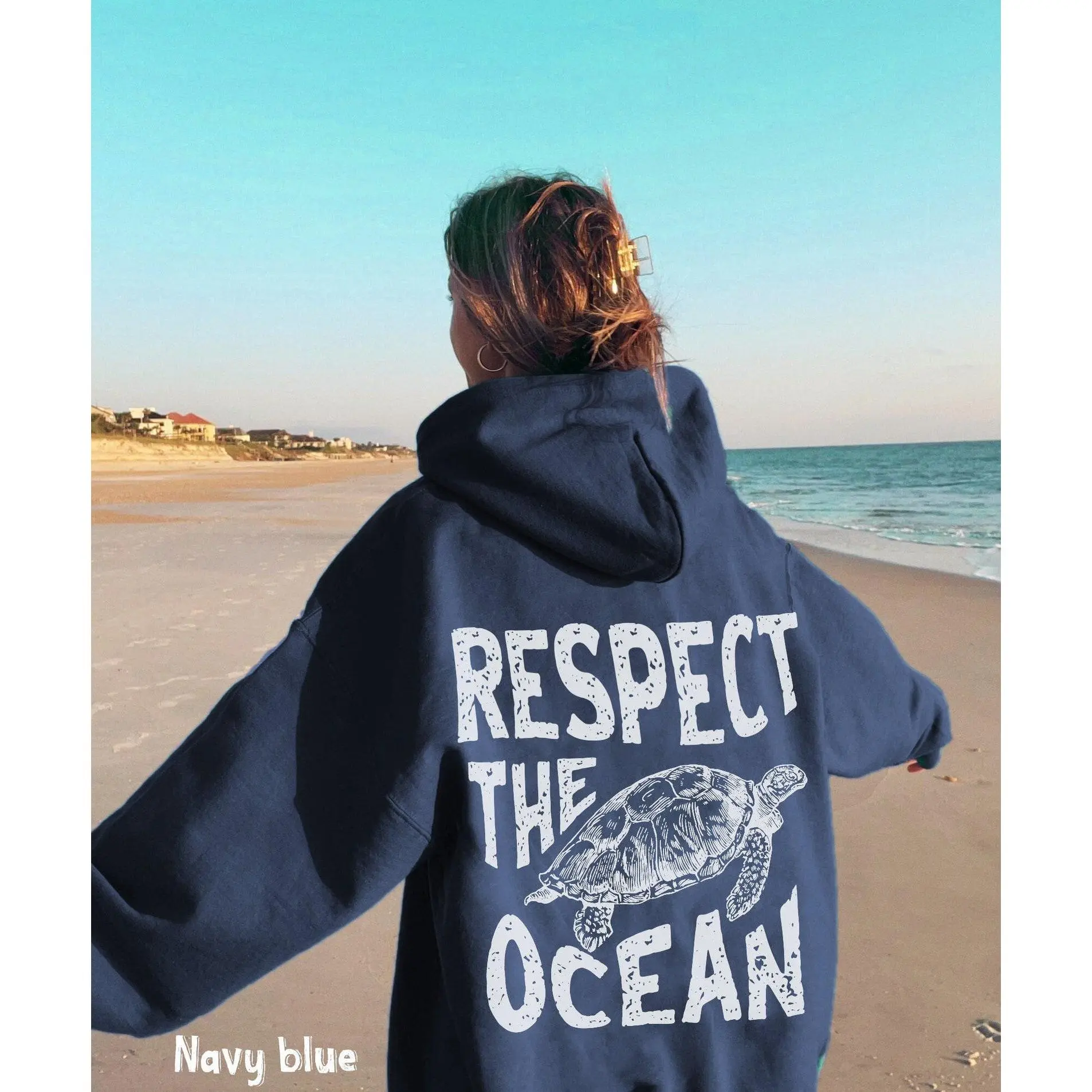 Respect The Ocean Hoodie, Ocean Graphic Tees, Surf Hoodie Carolina Blue Words On Back Turtle Sweatshirt Oversize Sweatshirt