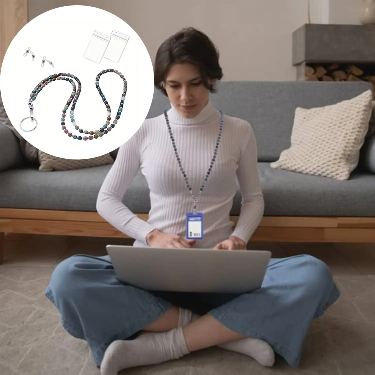 Crystal natural stone necklace hanging rope, Beaded Lanyard for Keys Neck Lanyards for Glasses Chain Strap for Women, with 4 white bead eyeglass rings and 2 card sleeves