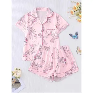 Women's All Over Shrimp Print Lapel Neck Pajama Two-piece Set, Casual Comfy Short Sleeve Pocket Shirt & Elastic Waist Shorts PJ Set, Ladies Summer Sleepwear