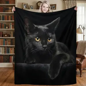 Black Cat Art Blanket Super Soft Cozy Dual Purpose Throw Bedroom Living Room Home Decor Aesthetic Cat Mom Gift Minimalist Animal Room Accessories Mysterious Black Kitten Wrap