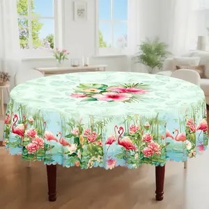 1pc, Spring Summer Themed Party Tablecloth, Tropical Hawaiian Flamingo Palm Leaves Floral Printed Design, Rectangular/Round/Oval Table Cloth, Embossed Edge, Suitable For Indoor Outdoor Dining Picnic Dinner Dining Room Decoration