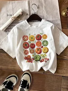 Women's Vintage Tomato Print Round Neck Tee, Casual Short Sleeve Crew Neck T-Shirt for Daily Wear, Ladies Clothes for All Seasons, Top