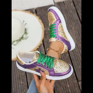 Shiny sequin casual shoes with lace-up design and star motif; comfortable walking footwear, perfect for parties; trainer/sneaker style