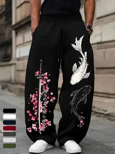 Men's Loose Wide-Leg Sweatpants, Japanese Cherry Blossom Samurai Sword & Yin Yang Koi Print, Streetwear Casual Long Pants, Casual Bottom