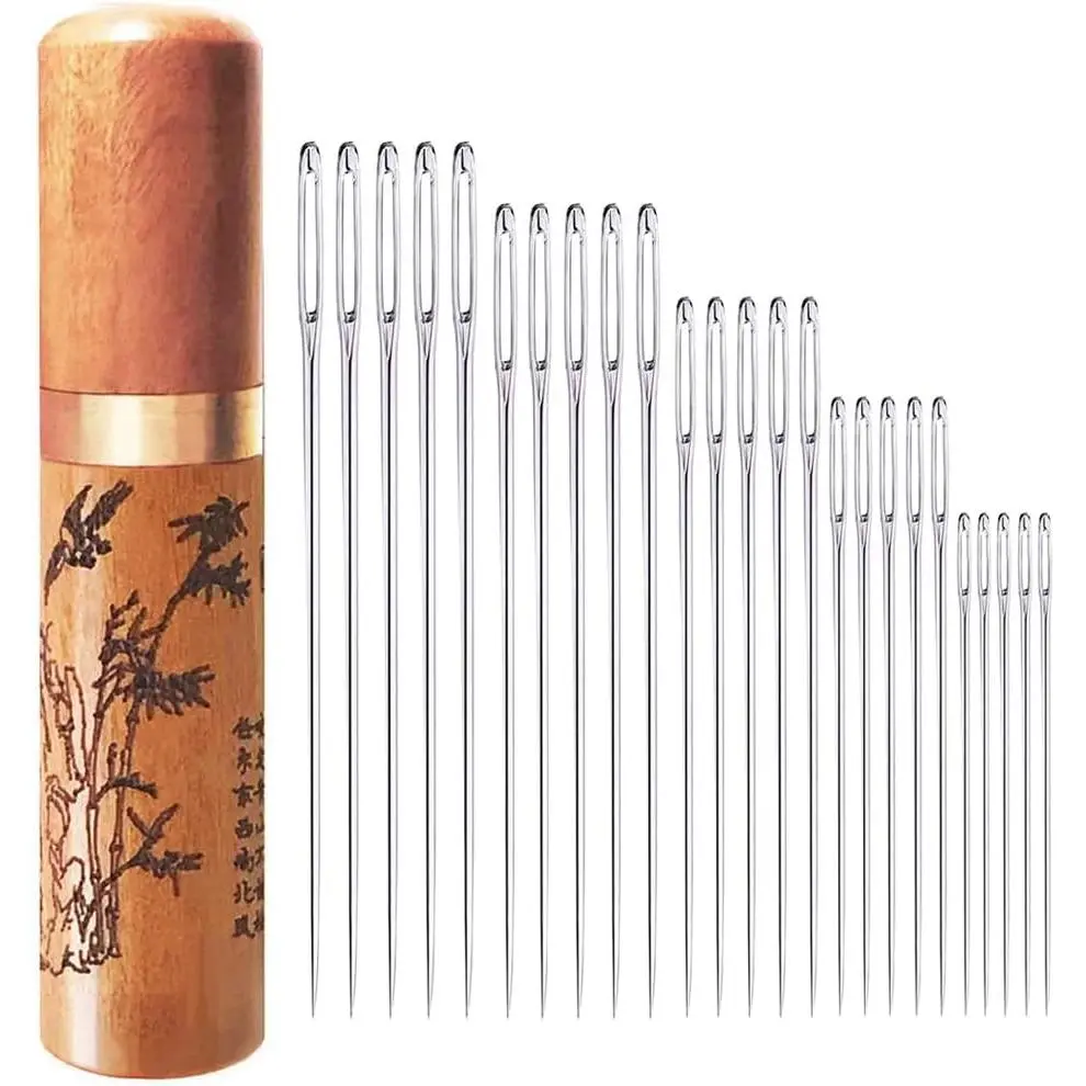 Large Eye Sewing , Embroidery , Stainless Steel, 25 count   with Wooden  Case Carving