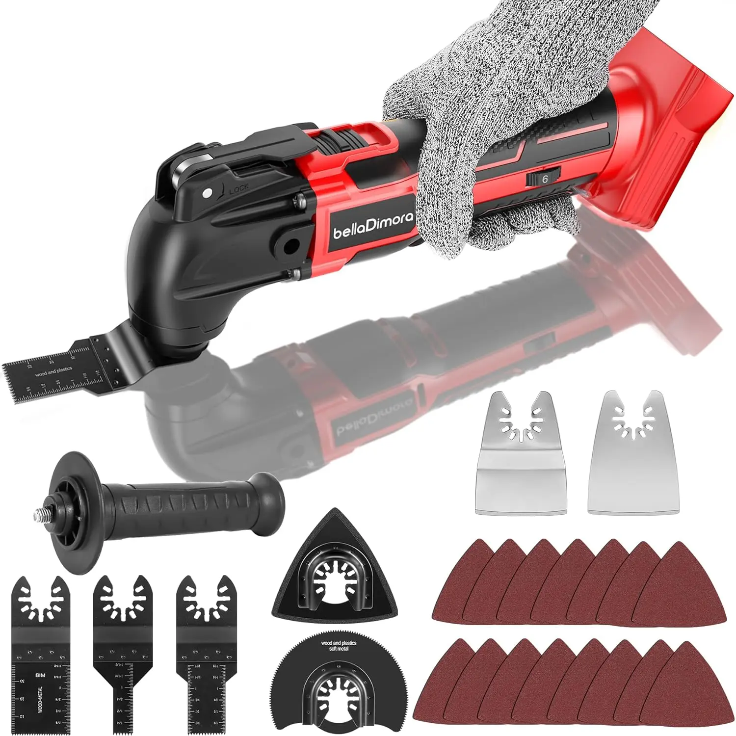 Oscillating Tool Compatible with 18V Battery(Battery Not Included), Brushless Motor Oscillating Tools, 6 Variable Speeds, 23-Piece Kit for Cutting, Sanding, Scraping