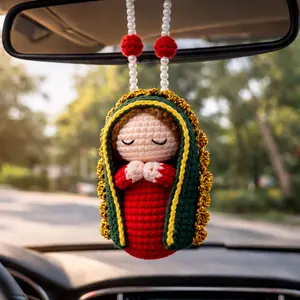 Virgin Mary Car Mirror Charm – Handmade Crochet Guadalupe Rearview Mirror Hanging Ornament, Catholic Car Charm Gift for Driver