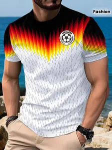 German Team Limited Edition Summer Men's Round Neck T-Shirt, Base Flame Gradient Football Badge Print, Streetwear Sporty Athletic Apparel Fashion Short Sleeve