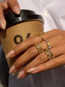 Classic 18K Plated Gold Color Flower Opening Ring Water Zircon Texture Ring Women's Jewelry Stainless Steel Waterproof Rings