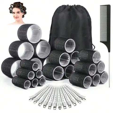 38pcs Hair Rollers Hair Curlers, Heatless Hair Curler, Hair Curling Tool, Black Rollers, Curlers for Long Hair Thick, Jumbo Large Medium Small Rollers Set, Stainless Steel Clips and Storage Bag, Hair Styling Kit, Hair Tools