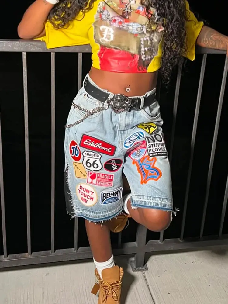 Retro Blue Streetwear Patchwork Denim Short Y2K Jeans Men Women Hip Hop Cartoon Graphics Loose Fitness Casual Shorts Sweatpants