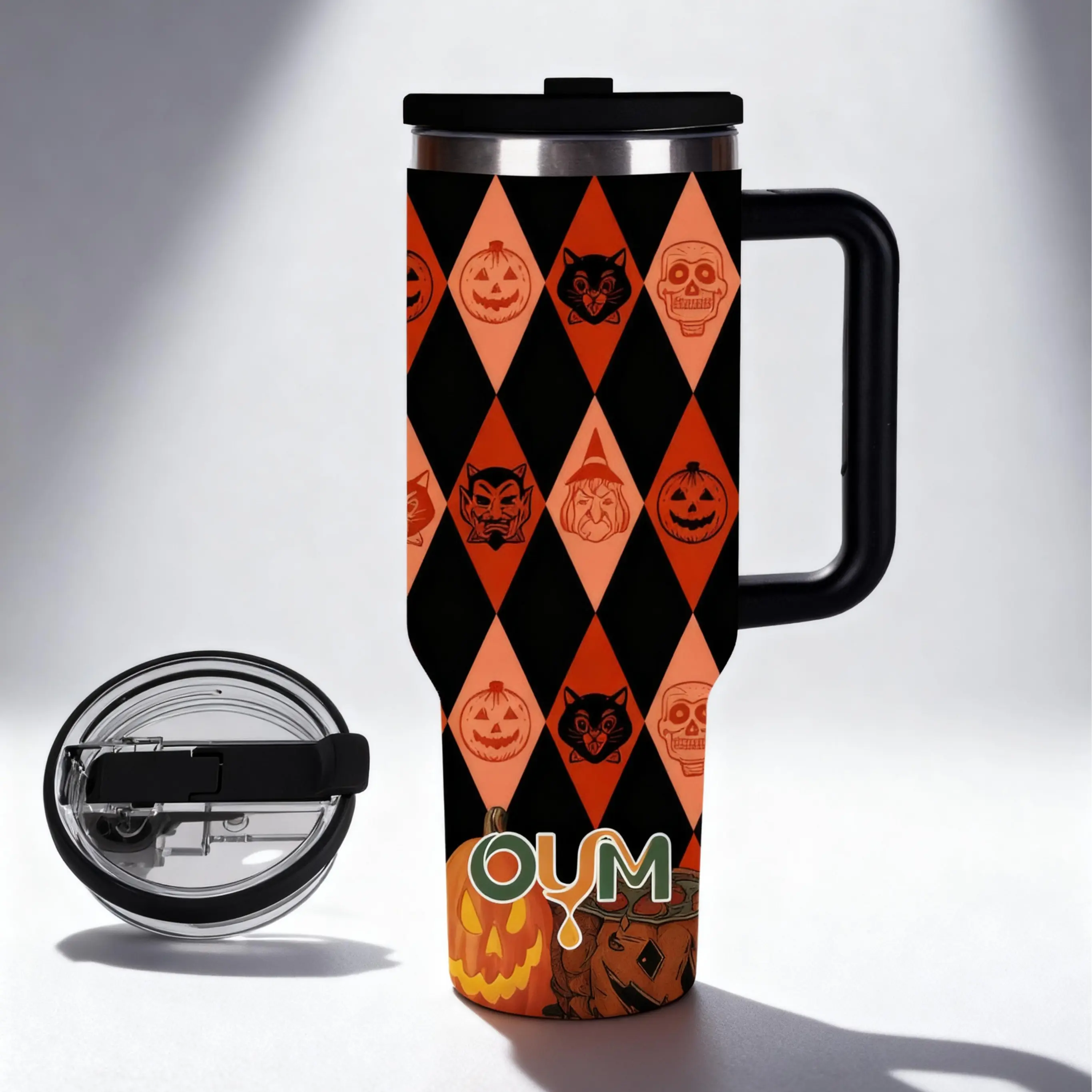 OUMAE 40oz Insulated Stainless Steel Water Bottle - Classic Retro Harlequin Diamond Check Print, Sturdy Eco-Friendly Reusable Portable Tumbler, Handle, Spill-Proof, Car Cupholder-Friendly, Pumpkin-Themed Halloween Supply, Insulation