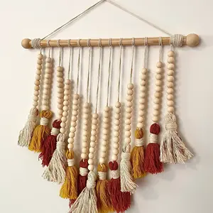 BoHo Wooden Bead Tassel Wall Hanging Decor Hand Beige Farmhouse Room Nursery