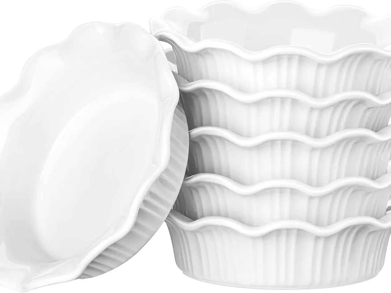 LOVECASA Ceramic Mini Pie Pans Set of 6-5.5 Inch Oven Safe Small Pie Dishes, Nonstick Mini Pot Pie Baking Tins for Chicken Pot Pie, Tarts, Quiches & Desserts, Stackable Ruffled Rims, White