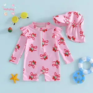 Baby Girls Strawberry & Bow Print 2 Piece Swimsuit Set, Pink Long Sleeve  Rash Guard with Matching Sun Hat, UPF 50+ Infant Swimwear, Quick Dry for Beach & Pool