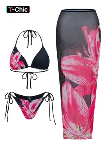 Women's Floral Print Halter Bikini Set, Casual Tie Back Swim Top & Tie Side Swim Bottom & Cover Up Skirt Set, Ladies Swimsuit for Beach Holiday, Floral Print Bikinis, Bikini Outfits