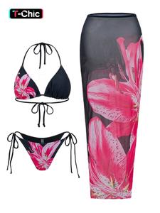 women's floral print halter bikini set, casual tie back contrast mesh swim top & tie side swim bottom & cover up skirt set, ladies swimsuit for beach holiday vacation, swimsuit for women, bathing suits, bikinis sets, halter top swimwear, bikini outfits