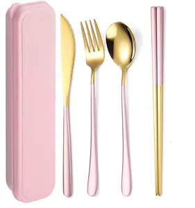 Stainless Steel Flatware Set Portable Reusable Cutlery Set Travel Utensils Set Including Chopsticks Knife Fork Spoon Straws Cleaning Brush Dishwasher Safe