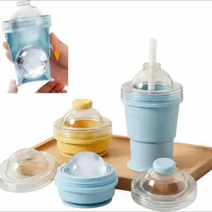 Creative Transparent Silicone Ice Ball Cup, Food Grade Ice Maker, Portable Foldable Tumbler, 2-In-1 Ice Mold Cup with Straw