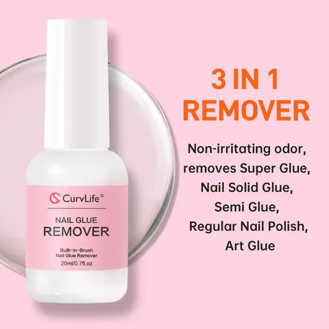 CurvLife 20ml 3-in-1 Nail Glue Remover with Built-in Brush – Removes Super Glue, Semi-Solid Nail Glue, Gel Polish & Art Glue | Non-Irritating Odor, Easy & Gentle Removal for Press-On Nails, Fake Tips, Cuticle-Safe Formula for Women