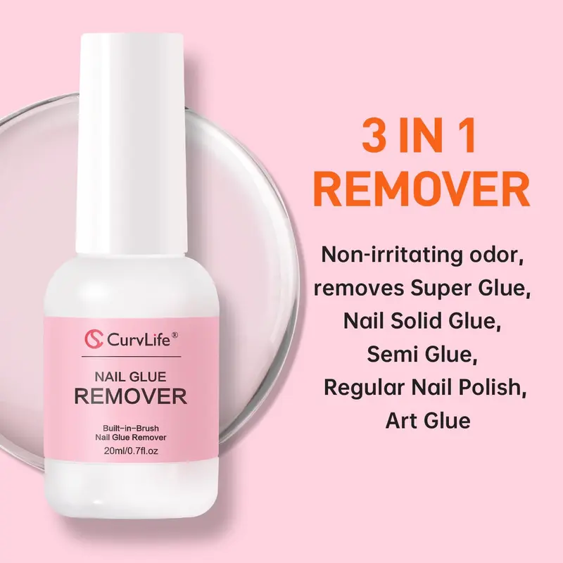 CurvLife 20ml 3-in-1 Nail Glue Remover with Built-in Brush – Removes Super Glue, Semi-Solid Nail Glue, Gel Polish & Art Glue | Non-Irritating Odor, Easy & Gentle Removal for Press-On Nails, Fake Tips, Cuticle-Safe Formula for Women