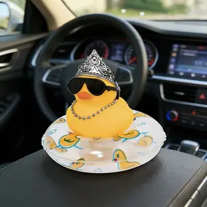 Interesting Inflatable Ring & Rubber Duck Decor, Fashionable Duck With Crown And Fashion Glasses, Car Interior Decoration