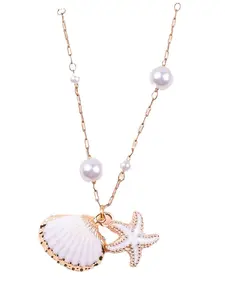 Elegant Beach Style Faux Pearl Beaded Chain Necklace with Natural Shell Lucky Starfish Pendant for Women, Fashion Jewelry Accessory