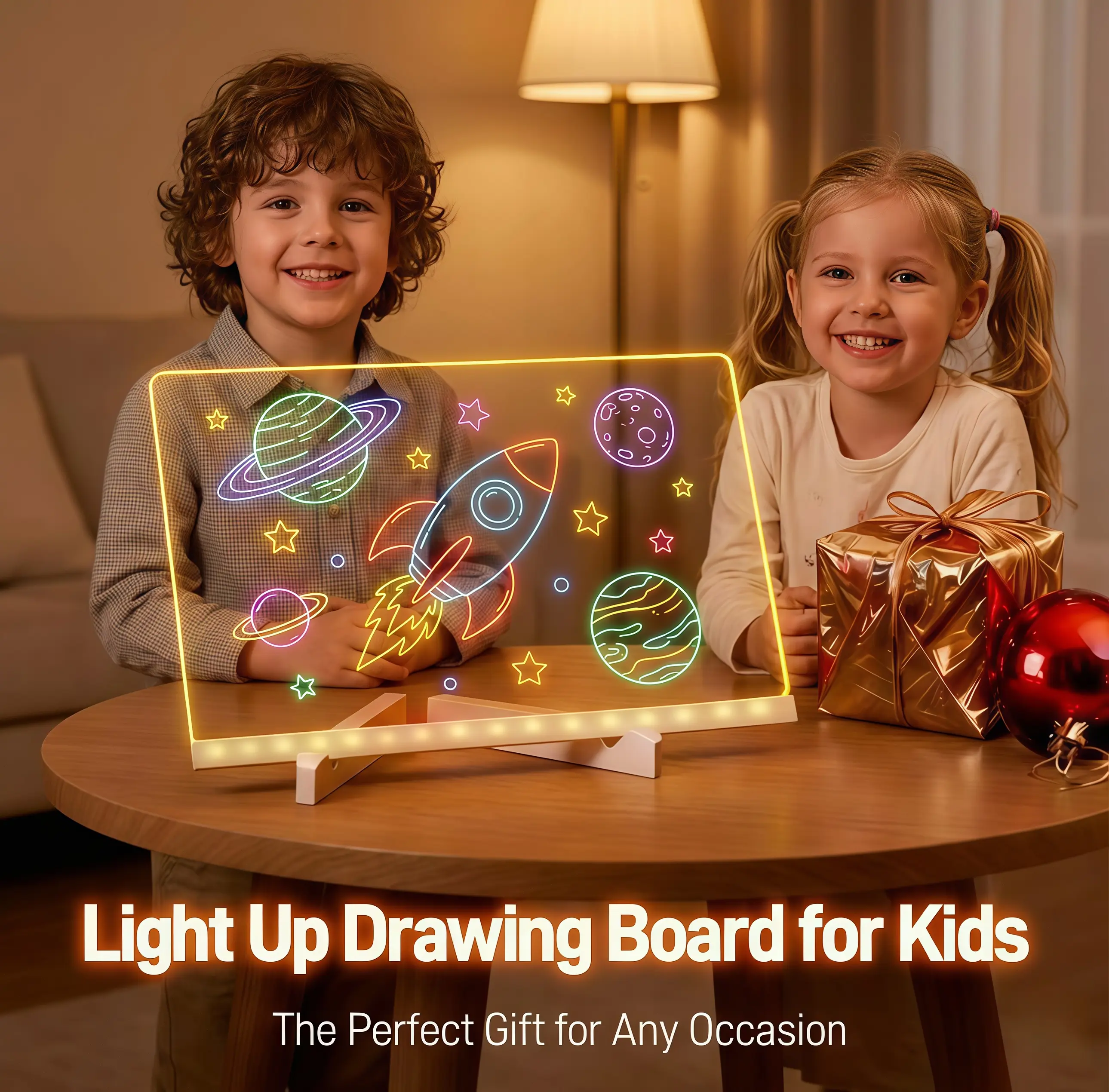 Kids LED Acrylic Light-Up Doodle Board with Stand, 7-Color Adjustable Brightness Eye Protection Light, Eco-Friendly Reusable Set with Markers & Wipes, Educational Learning Toy, Children’s Birthday Gift, LED Soft Screen