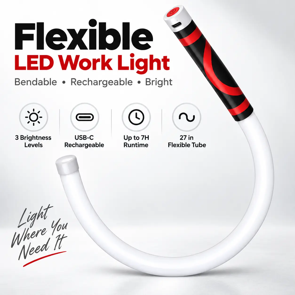 27-Inch Bendable Rechargeable LED Work Light - Flexible Hands-Free Under-Hood Inspection Lamp, Portable Tool for Car Repair, Camping